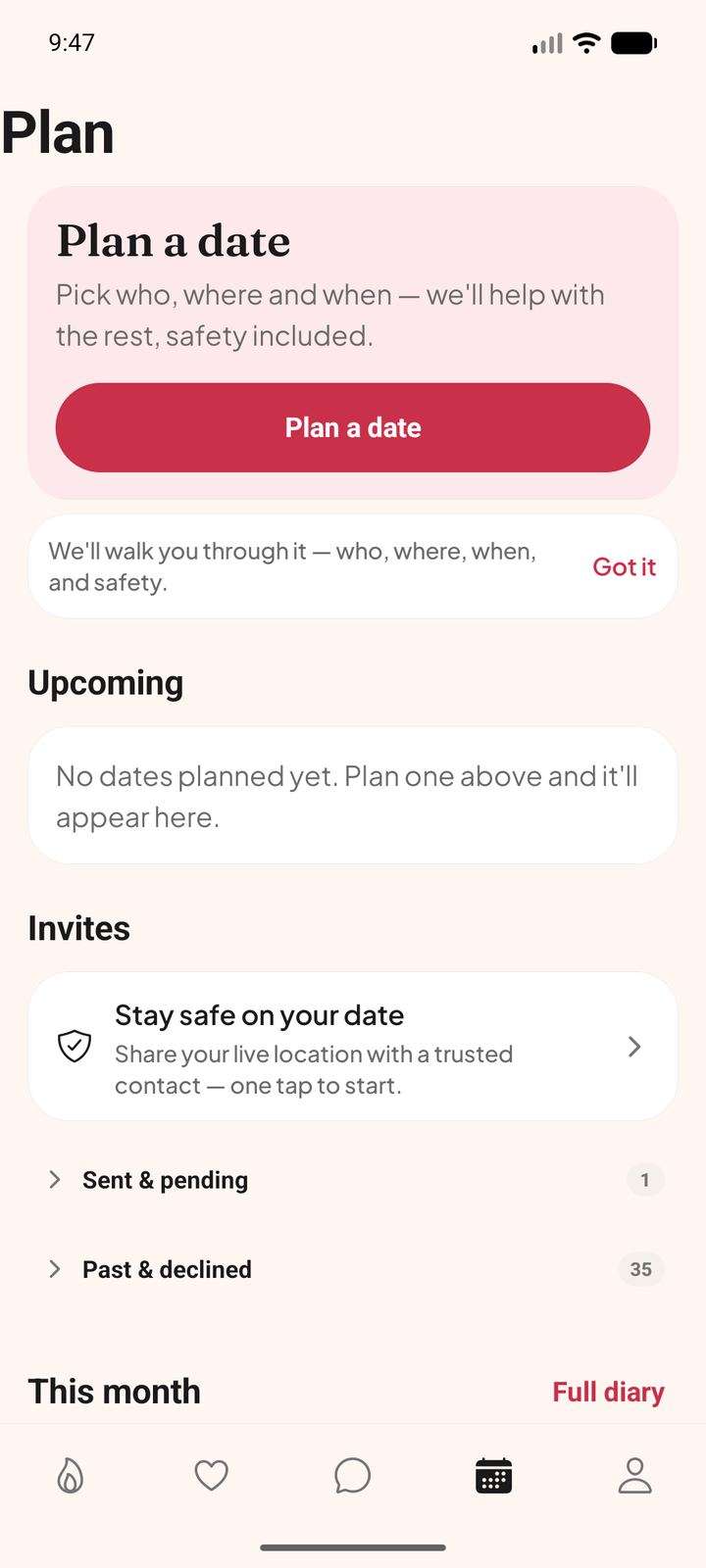 The Plan tab in Flirtzi, with a Plan a date button and a reminder to stay safe on your date